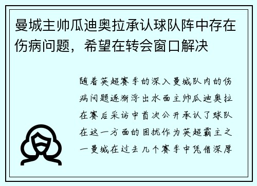 曼城主帅瓜迪奥拉承认球队阵中存在伤病问题，希望在转会窗口解决